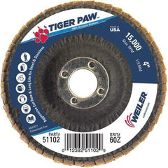 Weiler - 60 Grit, 4" Disc Diam, 5/8" Center Hole, Type 27 Zirconia Alumina Flap Disc - 15,000 Max RPM, Phenolic Backing, Arbor Attaching System, Coated - Industrial Tool & Supply