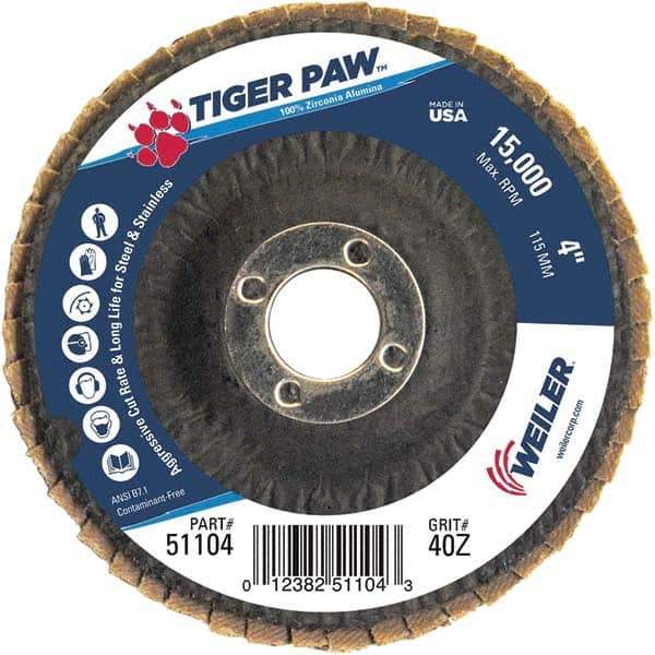 Weiler - 40 Grit, 4" Disc Diam, 5/8" Center Hole, Type 29 Zirconia Alumina Flap Disc - 15,000 Max RPM, Phenolic Backing, Arbor Attaching System, Coated - Industrial Tool & Supply