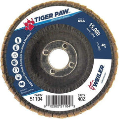 Weiler - 40 Grit, 4" Disc Diam, 5/8" Center Hole, Type 29 Zirconia Alumina Flap Disc - 15,000 Max RPM, Phenolic Backing, Arbor Attaching System, Coated - Industrial Tool & Supply