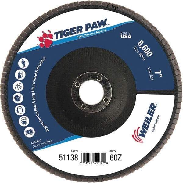 Weiler - 60 Grit, 7" Disc Diam, 7/8" Center Hole, Type 27 Zirconia Alumina Flap Disc - 8,600 Max RPM, Phenolic Backing, Arbor Attaching System, Coated - Industrial Tool & Supply