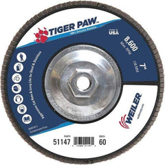 Weiler - 60 Grit, 7" Disc Diam, 5/8-11 Center Hole, Type 29 Zirconia Alumina Flap Disc - 8,600 Max RPM, Phenolic Backing, Arbor Attaching System, Coated - Industrial Tool & Supply