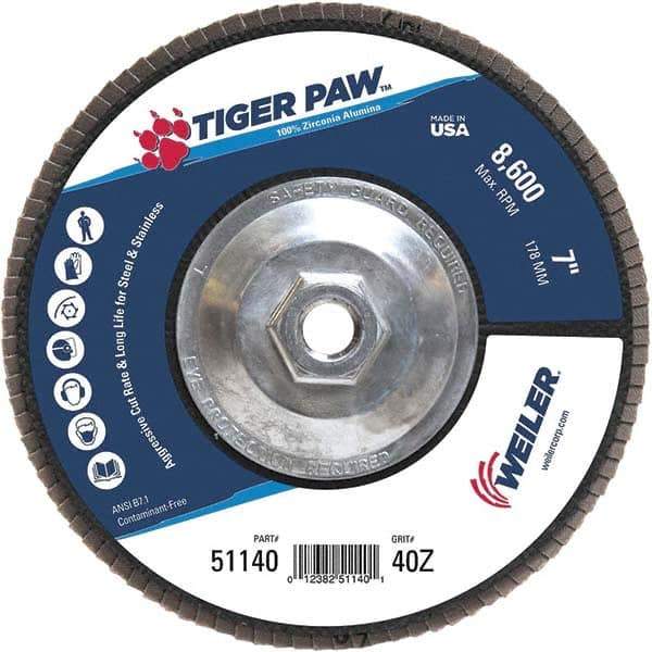 Weiler - 40 Grit, 7" Disc Diam, 5/8-11 Center Hole, Type 27 Zirconia Alumina Flap Disc - 8,600 Max RPM, Phenolic Backing, Arbor Attaching System, Coated - Industrial Tool & Supply