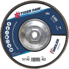 Weiler - 40 Grit, 7" Disc Diam, 5/8-11 Center Hole, Type 27 Zirconia Alumina Flap Disc - 8,600 Max RPM, Phenolic Backing, Arbor Attaching System, Coated - Industrial Tool & Supply