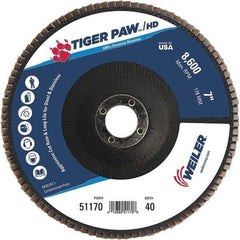 Weiler - 40 Grit, 7" Disc Diam, 7/8" Center Hole, Type 27 Zirconia Alumina Flap Disc - 8,600 Max RPM, Phenolic Backing, Arbor Attaching System, Coated - Industrial Tool & Supply
