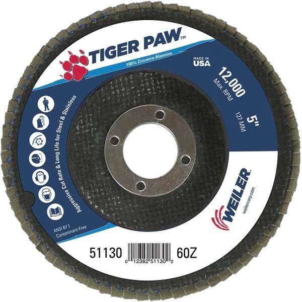 Weiler - 60 Grit, 5" Disc Diam, 7/8" Center Hole, Type 27 Zirconia Alumina Flap Disc - 12,000 Max RPM, Phenolic Backing, Arbor Attaching System, Coated - Industrial Tool & Supply