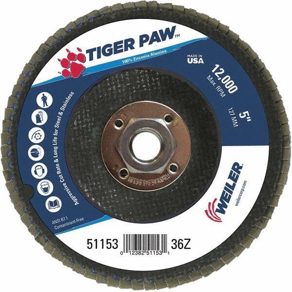 Weiler - 36 Grit, 5" Disc Diam, 5/8-11 Center Hole, Type 27 Zirconia Alumina Flap Disc - 12,000 Max RPM, Phenolic Backing, Arbor Attaching System, Coated - Industrial Tool & Supply