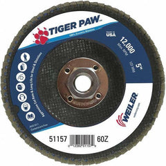 Weiler - 60 Grit, 5" Disc Diam, 5/8-11 Center Hole, Type 29 Zirconia Alumina Flap Disc - 12,000 Max RPM, Phenolic Backing, Arbor Attaching System, Coated - Industrial Tool & Supply
