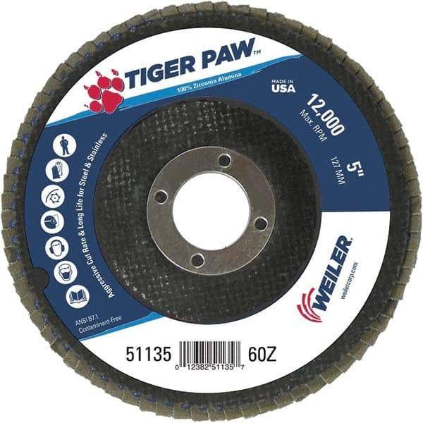 Weiler - 60 Grit, 5" Disc Diam, 7/8" Center Hole, Type 29 Zirconia Alumina Flap Disc - 12,000 Max RPM, Phenolic Backing, Arbor Attaching System, Coated - Industrial Tool & Supply