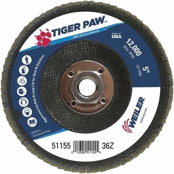 Weiler - 36 Grit, 5" Disc Diam, 5/8-11 Center Hole, Type 29 Zirconia Alumina Flap Disc - 12,000 Max RPM, Phenolic Backing, Arbor Attaching System, Coated - Industrial Tool & Supply