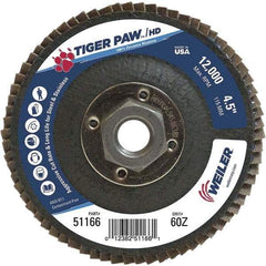 Weiler - 60 Grit, 4-1/2" Disc Diam, 5/8-11 Center Hole, Type 27 Zirconia Alumina Flap Disc - 12,000 Max RPM, Phenolic Backing, Arbor Attaching System, Coated - Industrial Tool & Supply