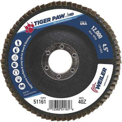 Weiler - 40 Grit, 4-1/2" Disc Diam, 7/8" Center Hole, Type 27 Zirconia Alumina Flap Disc - 12,000 Max RPM, Phenolic Backing, Arbor Attaching System, Coated - Industrial Tool & Supply