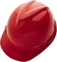 MSA - ANSI Type I, Class E Rated, 4-Point, Ratchet Adjustment Hard Hat - Size 6-5/8 to 7-3/4, Red, Standard Brim - Industrial Tool & Supply