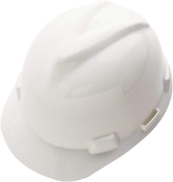 MSA - ANSI Type I, Class E Rated, 4-Point, Ratchet Adjustment Hard Hat - Size 6-1/2 to 8, White, Standard Brim - Industrial Tool & Supply