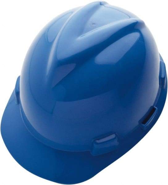 MSA - ANSI Type I, Class E Rated, 4-Point, Ratchet Adjustment Hard Hat - Size 6-5/8 to 7-3/4, Blue, Standard Brim - Industrial Tool & Supply