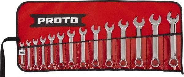 Proto - 14 Piece, 6mm to 19mm, 12 Point Extra Short Combination Wrench Set - Metric Measurement Standard, Full Polish Chrome Finish, Comes in Tool Roll - Industrial Tool & Supply