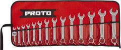Proto - 14 Piece, 6mm to 19mm, 12 Point Extra Short Combination Wrench Set - Metric Measurement Standard, Full Polish Chrome Finish, Comes in Tool Roll - Industrial Tool & Supply