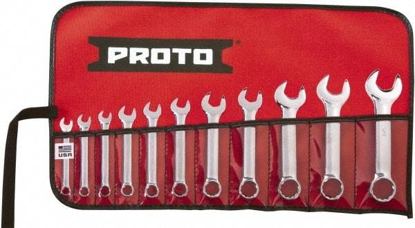 Proto - 11 Piece, 1/4" to 3/4", 12 Point Extra Short Combination Wrench Set - Inch Measurement Standard, Full Polish Chrome Finish, Comes in Tool Roll - Industrial Tool & Supply