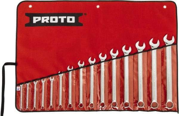 Proto - 15 Piece, 1/4" to 1", 12 Point Spline Combination Wrench Set - Inch Measurement Standard, Full Polish Chrome Finish, Comes in Tool Roll - Industrial Tool & Supply
