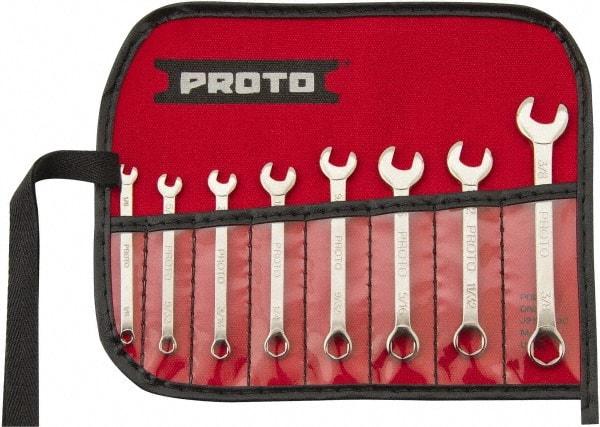 Proto - 8 Piece, 1/8" to 3/8", 6 Point Extra Short Combination Wrench Set - Inch Measurement Standard, Full Polish Finish, Comes in Nylon Roll - Industrial Tool & Supply