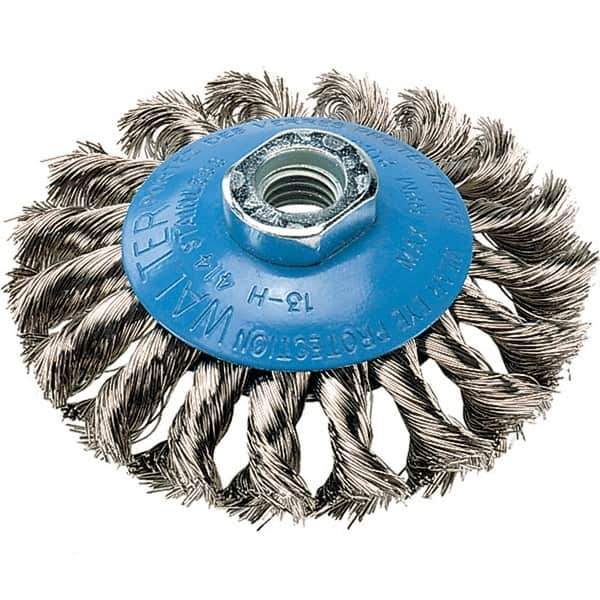 WALTER Surface Technologies - 4" Diam, 5/8-11 Threaded Arbor, Stainless Steel Fill Cup Brush - 0.015 Wire Diam, 20,000 Max RPM - Industrial Tool & Supply