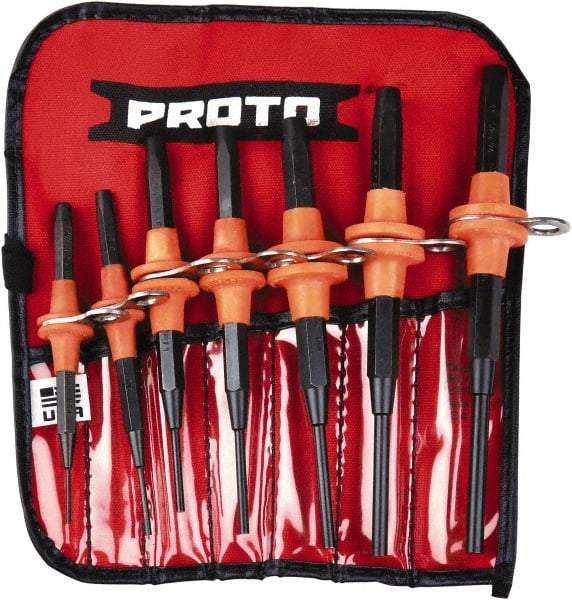 Proto - 7 Piece, 1/16 to 1/4", Tethered Pin Punch Set - Straight Shank, Comes in Nylon Roll - Industrial Tool & Supply