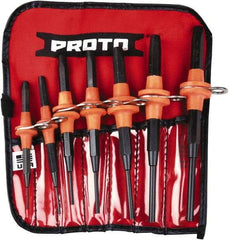 Proto - 7 Piece, 1/16 to 1/4", Tethered Pin Punch Set - Straight Shank, Comes in Nylon Roll - Industrial Tool & Supply