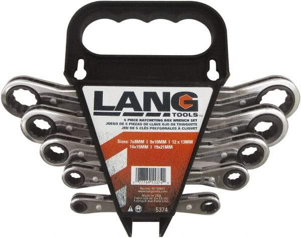 Lang - 5 Piece, 7mm to 21mm, 12 Point Ratcheting Box Wrench Set - Metric Measurement Standard, Nickel Chrome Finish, Comes in Caddy - Industrial Tool & Supply