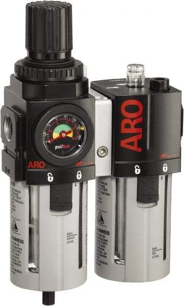 ARO/Ingersoll-Rand - 1/2" NPT Port Standard 2 Piece Filter/Regulator-Lubricator FRL Unit - Polycarbonate Bowl, 120 SCFM, 150 Max psi, 9.95" High x 5.724" Long, Automatic Drain - Industrial Tool & Supply