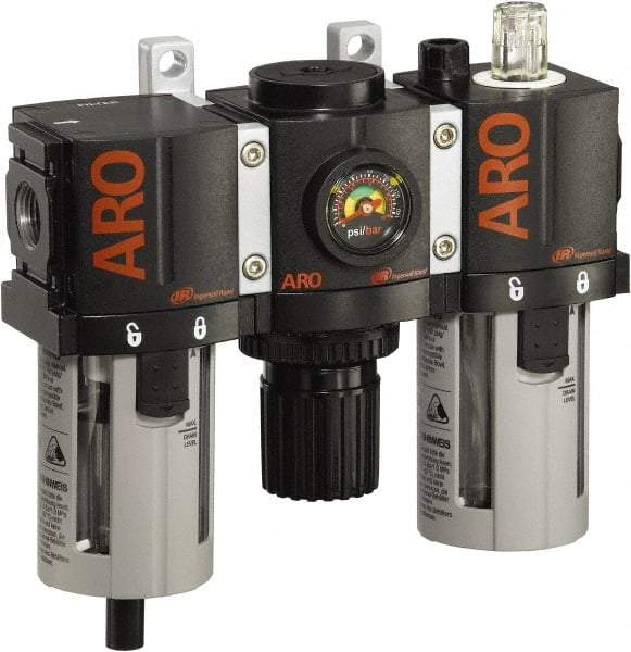 ARO/Ingersoll-Rand - 3/8" NPT Port Compact 3 Piece Filter-Regulator-Lubricator FRL Unit - Polycarbonate Bowl, 85 SCFM, 150 Max psi, 6.6" High x 6.614" Long, Manual Drain - Industrial Tool & Supply