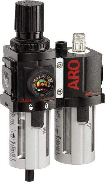 ARO/Ingersoll-Rand - 1/4" NPT Port Compact 2 Piece Filter/Regulator-Lubricator FRL Unit - Polycarbonate Bowl, 58 SCFM, 150 Max psi, 8.15" High x 4.409" Long, Manual Drain - Industrial Tool & Supply