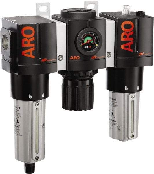 ARO/Ingersoll-Rand - 3/4" NPT Port Heavy Duty 3 Piece Filter-Regulator-Lubricator FRL Unit - Metal Bowl, 199 SCFM, 250 Max psi, 10.75" High x 11.102" Long, Automatic Drain - Industrial Tool & Supply