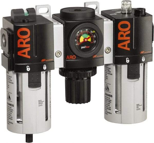 ARO/Ingersoll-Rand - 1/2" NPT Port Standard 3 Piece Filter-Regulator-Lubricator FRL Unit - Polycarbonate Bowl, 150 SCFM, 150 Max psi, 7.7" High x 8.693" Long, Automatic Drain - Industrial Tool & Supply