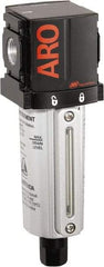 ARO/Ingersoll-Rand - 3/8" Port, 7.028" High x 2.244" Wide Compact Filter with Metal Bowl, Automatic Drain - 107 SCFM, 250 Max psi, 175°F Max Temp, Sight Glass Included, Modular Connection, 1 oz Bowl Capacity - Industrial Tool & Supply