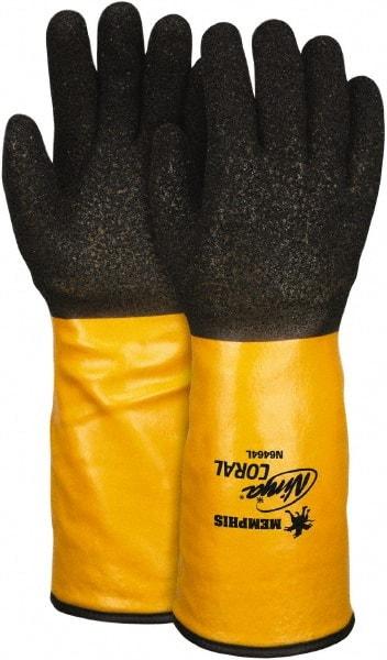 MCR Safety - Size M (8), ANSI Cut Lvl 2, Puncture Lvl 2, Abrasion Lvl 4, PVC Coated PVC Cut Resistant Gloves - 14" Long, Palm, Fingers & Knuckles Coated, Dyneema Lining, Gauntlet Cuff, Black/Yellow, Paired - Industrial Tool & Supply