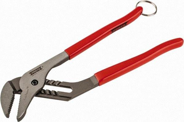 Proto - 12" OAL, 2-1/2" Jaw Width, 7 Position Tethered Tongue & Groove Pliers - V-Jaws, Vinyl Handles - Industrial Tool & Supply