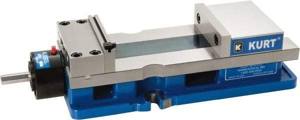 Kurt - 6" Jaw Width, 9" Jaw Opening Capacity, Horizontal Stationary Machine Vise - Reverse Hydraulic Operation, 1 Station, 20.553" Long x 4.86" High x 1-47/64" Deep, 1.735" Jaw Height, 5,250 Lb Max Clamp Force, Ductile Iron - Industrial Tool & Supply