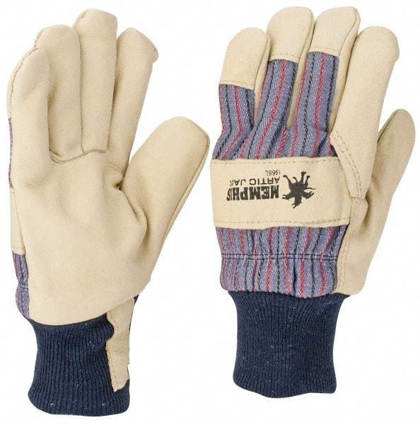 MCR Safety - Size L Pigskin General Protection Work Gloves - For General Purpose, Uncoated, Knit Wrist Cuff, Tan/Blue/Black/Red, Paired - Industrial Tool & Supply