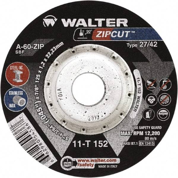 WALTER Surface Technologies - 60 Grit, 4-1/2" Wheel Diam, 3/64" Wheel Thickness, 7/8" Arbor Hole, Type 27 Depressed Center Wheel - Aluminum Oxide, Resinoid Bond, 13,300 Max RPM, Compatible with Angle Grinder - Industrial Tool & Supply