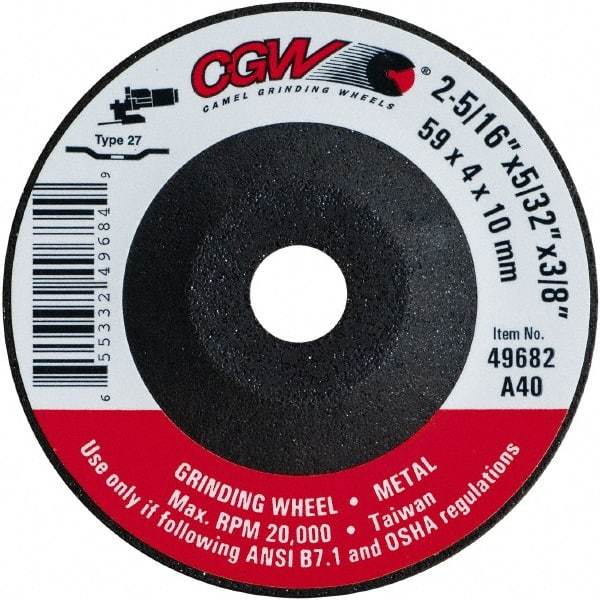 Camel Grinding Wheels - 40 Grit, 2-5/16" Wheel Diam, 5/32" Wheel Thickness, 3/8" Arbor Hole, Type 27 Depressed Center Wheel - Medium Grade, Aluminum Oxide, Resinoid Bond, 20,000 Max RPM - Industrial Tool & Supply