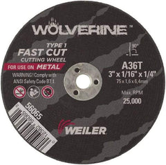 Weiler - 3" 36 Grit Aluminum Oxide Cutoff Wheel - 1/16" Thick, 1/4" Arbor, 25,000 Max RPM, Use with Die Grinders - Industrial Tool & Supply