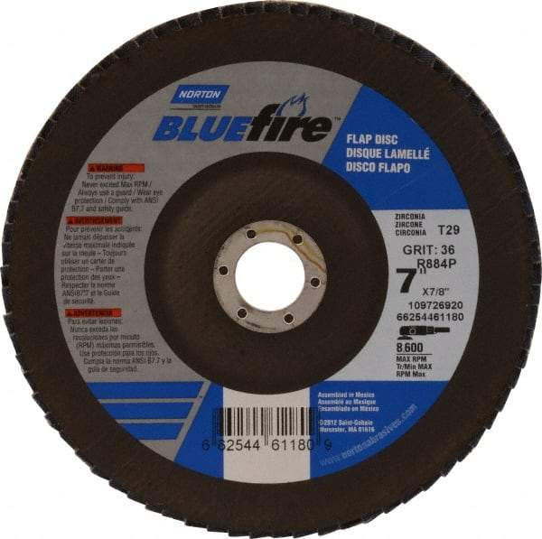 Norton - 36 Grit, 7" Disc Diam, 7/8" Center Hole, Type 29 Zirconia Alumina Flap Disc - 8,600 Max RPM, Cloth Backing, Arbor Attaching System, Coated - Industrial Tool & Supply