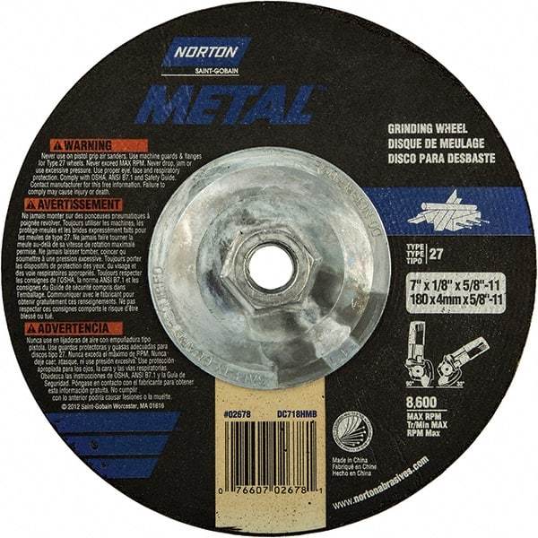 Norton - 24 Grit, 7" Wheel Diam, 1/8" Wheel Thickness, Type 27 Depressed Center Wheel - Extra Coarse Grade, Aluminum Oxide, 8,600 Max RPM, Compatible with Angle Grinder - Industrial Tool & Supply