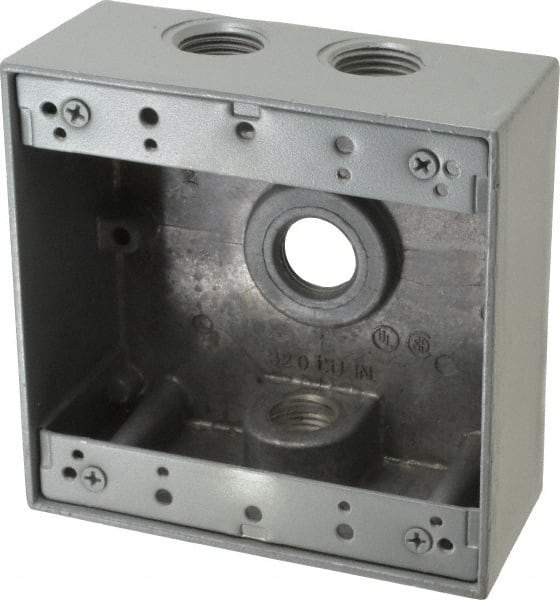 Thomas & Betts - 2 Gang, (4) 1/2" Knockouts, Aluminum Square Outlet Box - 4-9/16" Overall Height x 4-5/8" Overall Width x 2-1/16" Overall Depth, Weather Resistant - Industrial Tool & Supply