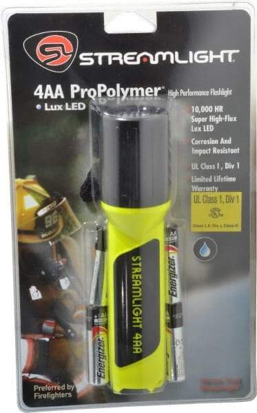 Streamlight - White LED Bulb, 100 Lumens, Industrial/Tactical Flashlight - Yellow Plastic Body, 4 AA Alkaline Batteries Included - Industrial Tool & Supply