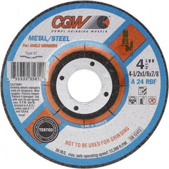 Camel Grinding Wheels - 24 Grit, 9" Wheel Diam, 1/8" Wheel Thickness, 7/8" Arbor Hole, Type 27 Depressed Center Wheel - Coarse Grade, Aluminum Oxide, Resinoid Bond, 6,650 Max RPM - Industrial Tool & Supply