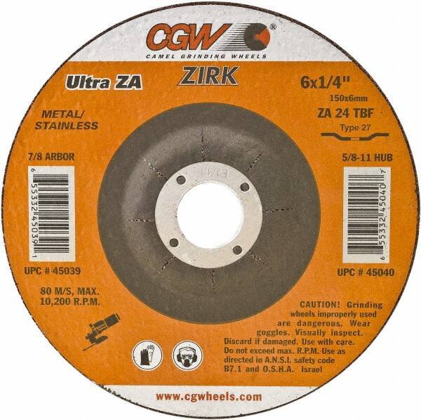 Camel Grinding Wheels - 24 Grit, 9" Wheel Diam, 1/4" Wheel Thickness, Type 27 Depressed Center Wheel - Coarse Grade, Zirconia Alumina, Resinoid Bond, 6,650 Max RPM - Industrial Tool & Supply