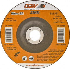 Camel Grinding Wheels - 24 Grit, 9" Wheel Diam, 1/4" Wheel Thickness, 7/8" Arbor Hole, Type 27 Depressed Center Wheel - Coarse Grade, Zirconia Alumina, Resinoid Bond, 6,650 Max RPM - Industrial Tool & Supply