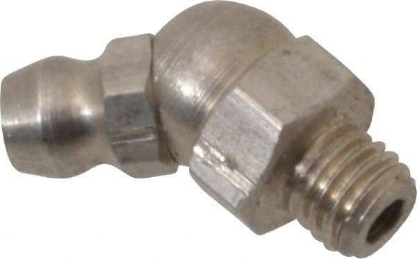 PRO-LUBE - 45° Head Angle, 1/4-28 PTF Stainless Steel Standard Grease Fitting - 3/8" Hex, 20.8mm Overall Height, 5.1mm Shank Length, Zinc Plated Finish - Industrial Tool & Supply