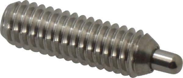 Vlier - 5/16-18, 1" Thread Length, 3/16" Plunger Projection, Stainless Steel Threaded Spring Plunger - 0.133 - 0.135" Max Plunger Diam, 1" Plunger Length, 3 Lb Init End Force, 15 Lb Final End Force, 0.093" Hex - Industrial Tool & Supply