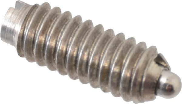 Vlier - 8-32, 7/16" Thread Length, 0.052" Plunger Projection, Stainless Steel Threaded Spring Plunger - 0.07" Max Plunger Diam, 0.437" Plunger Length, 1.5 Lb Init End Force, 4.75 Lb Final End Force - Industrial Tool & Supply